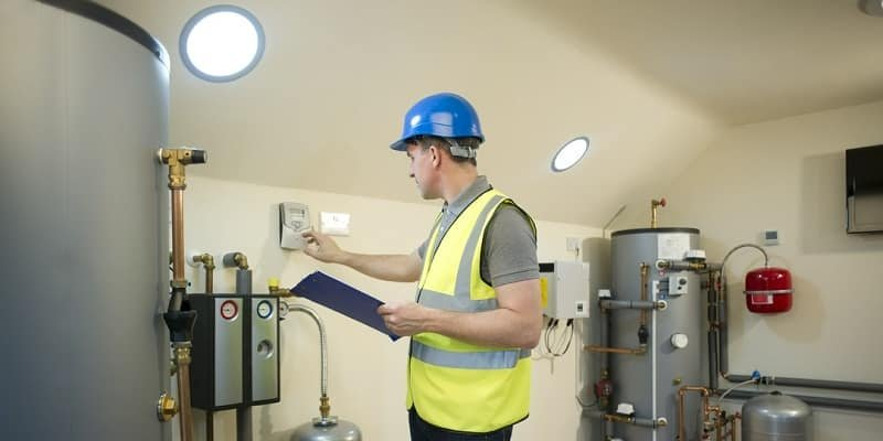 Technik podczas kontroli instalacji grzewczej